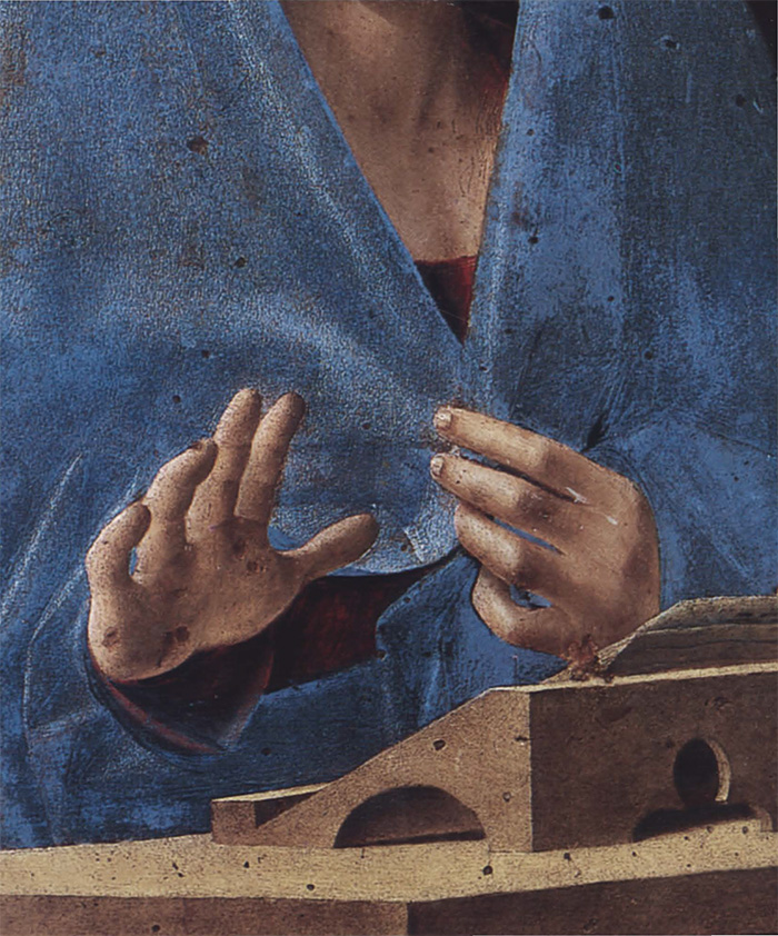 Antonello da Messina, Annunziata di Palermo (particolare), 1476 circa, tempera e olio su tavola, 45 x 34,5 cm,
Palermo, Galleria regionale della Sicilia di Palazzo Abatellis, c. 1476
