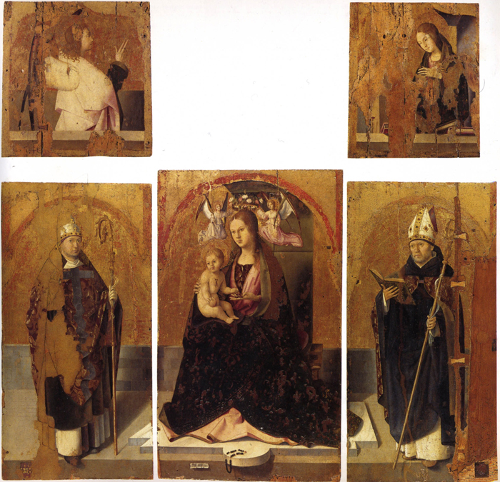 Antonello da Messina, Madonna in trono col Bambino; San Gregorio e San Benedetto; in alto Angelo annunciante e Vergine annunciata (Polittico di San Gregorio), Messina, Museo Regionale

