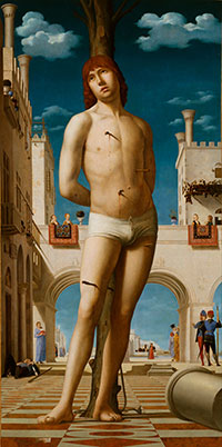 Antonello da Messina, San Sebastiano, 1475-1476?, 1478? olio su tavola trasportata su tela, 171×85,5 cm, Dresda, Gemäldegalerie

