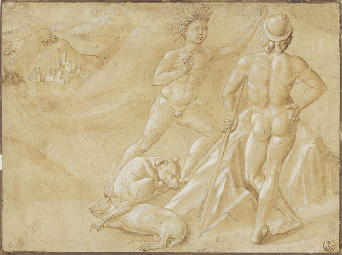 Benozzo Gozzoli, Due nudi maschili e due cani che dormono, 1459 circa, Penna e inchiostro marrone, acquerello marroncino, biacca su carta filigranata tinta di rosso, Firenze, Gabinetto Disegni e Stampe degli Uffizi