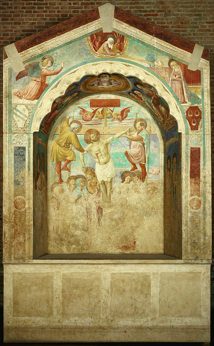 Certaldo, affreschi del tabernacolo dei giustiziati (Deposizione dalla Croce, facciata principale, dettaglio), opera di Benozzo Gozzoli

