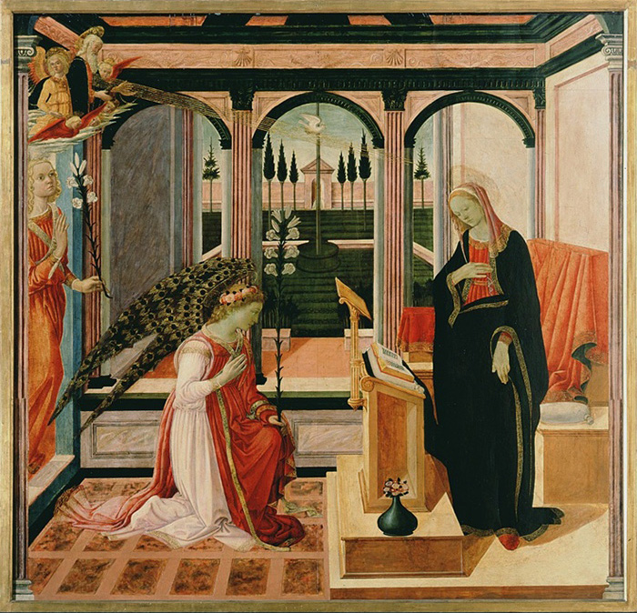 Filippino Lippi e Maestro della Natività, Annunciazione, 1460 circa, poi 1472, tempera su tavola, 175×181 cm, Galleria dell'Accademia, Firenze