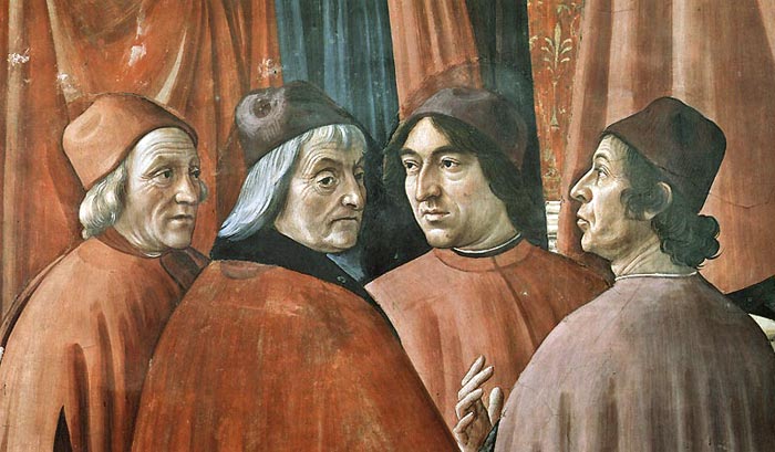 Domenico Ghirlandaio: Zachariah in the Temple [detail]: four humanist philosophers under the patronage of the Medici: