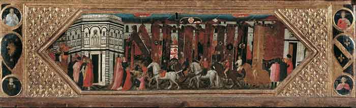 The offering of palio banners of St John, ca 1429, painting by Giovanni di Francesco Toscani (ca 1370-1430) on Florentine manufactured strongbox, Italy, 15th century