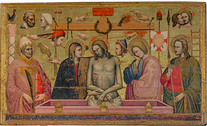 Maestro della Madonna Strauss, forse ambrogio di baldese, Vir dolorum e santi, 1380-90, chiesa di San Romolo a Valiana, Pratovecchio