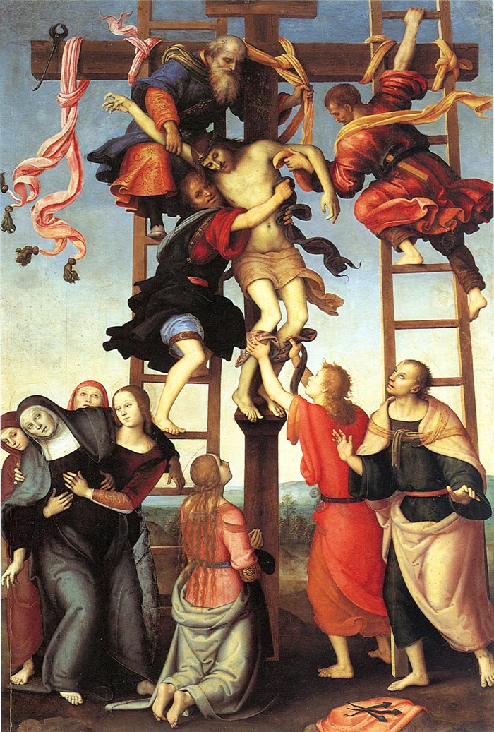 Filippino Lippi e Pietro Perugino, Deposizione dalla croce (Polittico dell'Annunziata), 1504, olio su tavola, 333×218 cm, Firenze, Galleria dell'Accademia