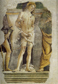 Pietro Perugino, San Sebastiano tra i santi Rocco e Pietro, 1478, Chiesa di Santa Maria Assunta, Cerqueto 