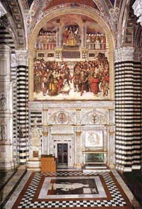 Il marrina (attr.), il prospetto marmoreo esterno della Libreria con l'affresco dell'Incoronazione di Pio III