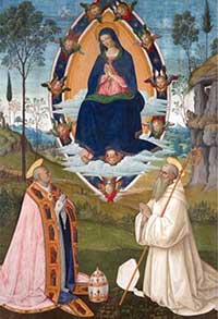 Pinturicchio, The Ascended Virgin with Sts Gregory the Great and Benedict, 1512, tempera on wood, 282 x 198 cm, Museo Civico, San Gimignano

