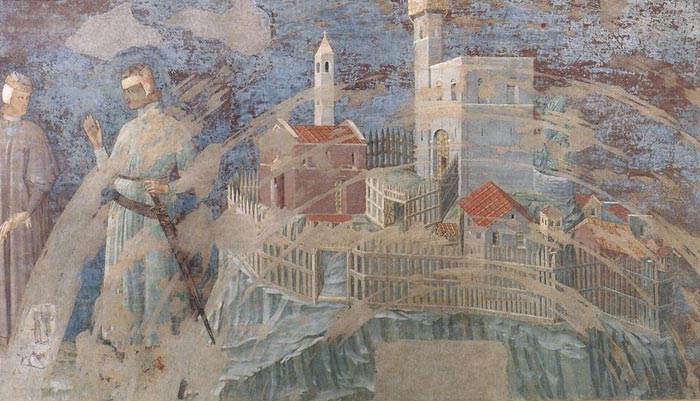 Unknown Master (first quarter of 14th century), Castle on a Hill, 1300-25, fresco in Palazzo Pubblico, Siena

