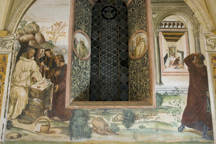 Arte in Toscana | Il Sodoma, Le storie di San Benedetto (6) Come un Prete ispirato da Dio porta da mangiare a Benedetto nel giorno di Pasqua, Chiostro grande del monastero di Monte Oliveto Maggiore