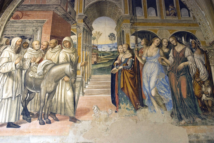 Il Sodoma, Come florenzo manda male femmine al monastero, frescoe in the Chiostro Grande dell'Abbazia di Monte Oliveto Maggiore
