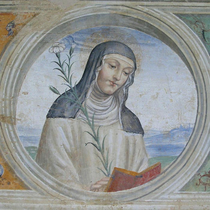 Monastero di Sant'Anna in Camprena, refettorio. Il Sodoma, Santa Caterina da Siena. Dett. della decorazione. 1503-04. Affresco. Monastero di Sant'Anna in Camprena.