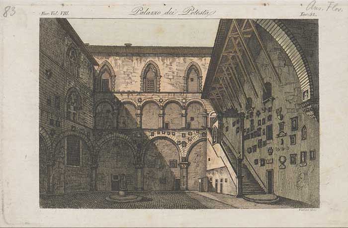 Antonio Verico (engraver), Inner courtyard of the Bargello, first half of the 19th century, handcoloured copper engraving, 15.1 x 23.2 cm