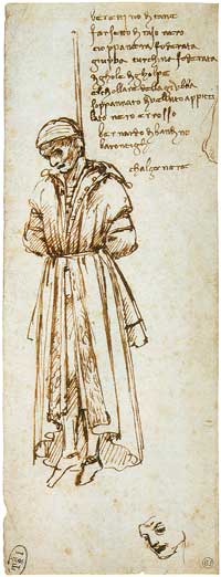 Leonardo da Vinci, tekening van een opgehangen Pazzi-samenzweerder Bernardo di Bandino Baroncelli, 1479