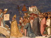 Orvieto's Duomo was built in order to celebrate a fundamental event for the Christian world: the 1263 Miracle of Bolsena. As narrated by a sacred representation dating back to the first half of the fourteenth century and the subsequent popular tradition, a Bohemian priest, tormented by the doubt whether the consecrated host was Christ's body and blood, went on a pilgrimage to Rome in 1263 to strengthen his faith. On his way back he stopped in Bolsena to celebrate mass at the altar of Saint Christina's Basilica; at the moment of consecration he saw the broken host spill some stills of blood, that stained the Corporal, a linen cloth used during the functions.